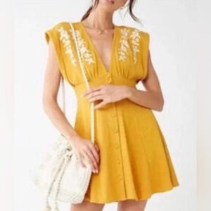 Forever 21 Mustard Yellow Embroidered Mini Dress Sz. S NWT!